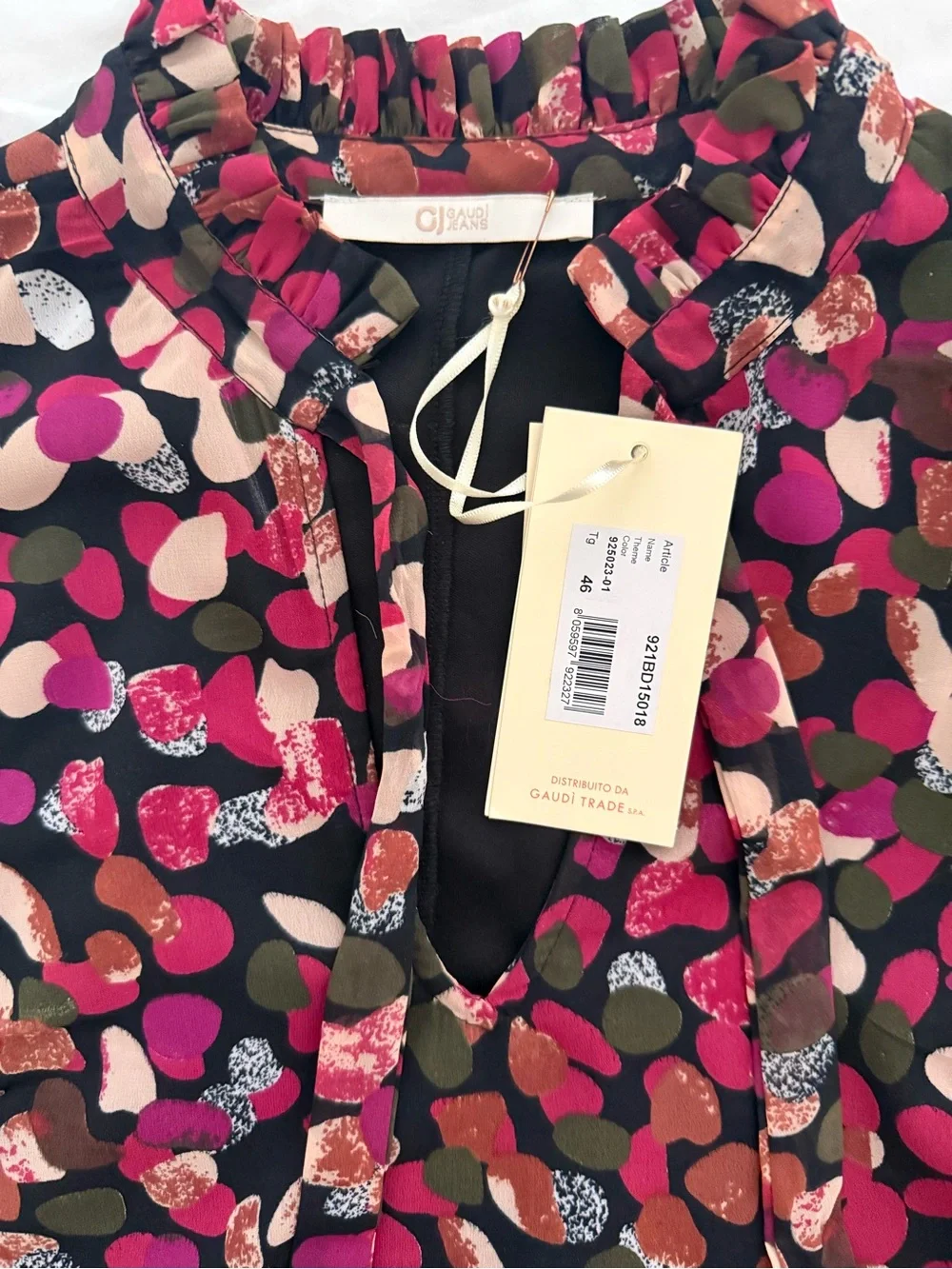 Gaudi' Black Midi Dress with Pink, Red and Green Abstract Print